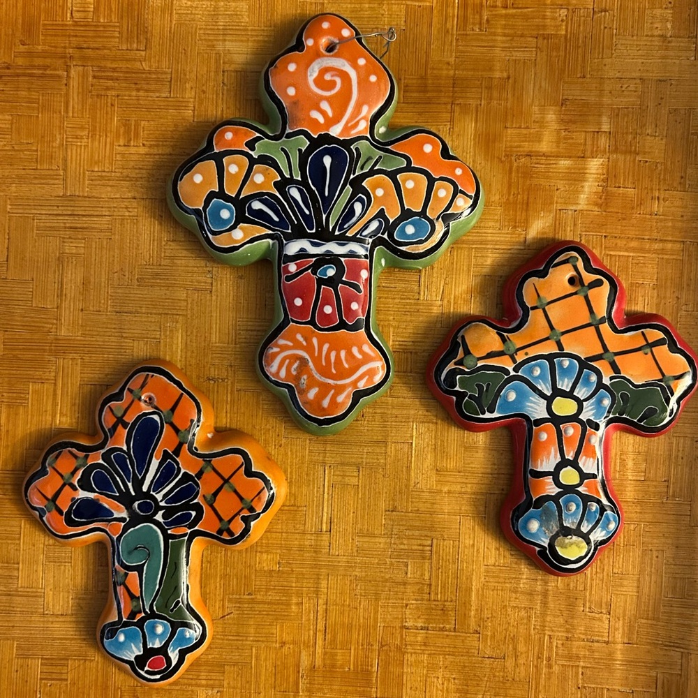 Colorful 3-piece Talavera-Style Ceramic Cross Wall Hangers